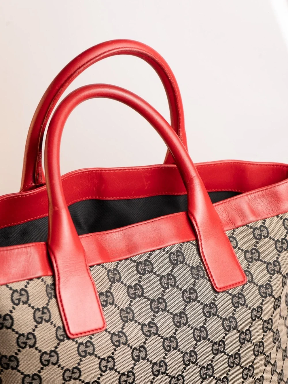 Gucci Beige GG Canvas Tote with Red Leather Trim
